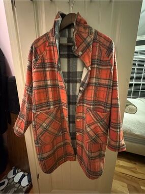 Blank NYC Plaid Funnel-Neck Wool Blend Coatigan - Orange Plaid